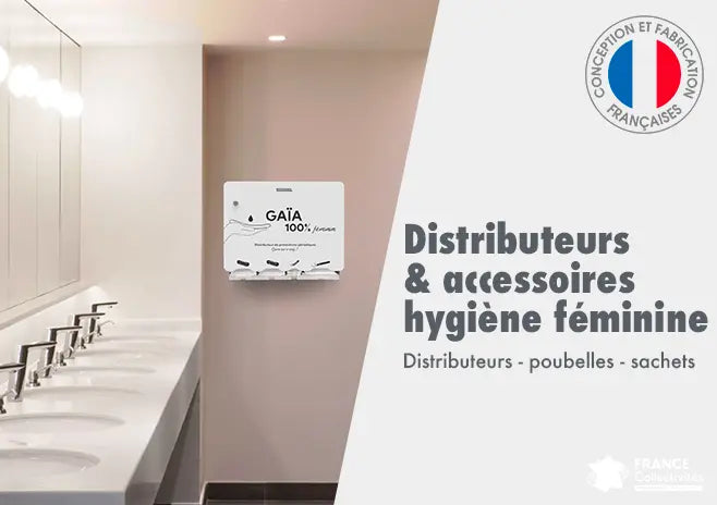 Distributeur de protections hygiéniques et accessoires d’hygiène féminine installés dans des sanitaires publics ou scolaires, destinés à lutter contre la précarité menstruelle et faciliter l’accès aux protections périodiques.