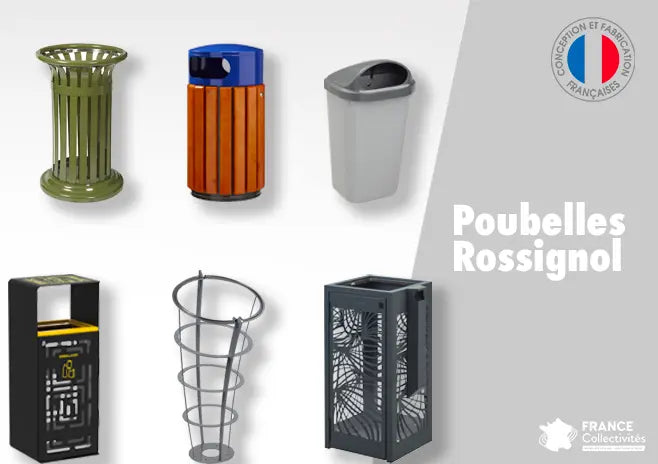 Corbeille de tri sélectif Rossignol installée en espace urbain, illustrant une poubelle extérieure design et robuste destinée à la collecte des déchets en ville et dans les espaces publics.