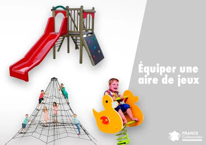 Aire de jeux extérieure équipée de structures ludiques pour enfants, incluant toboggans, jeux à grimper et mobilier urbain, dans un espace public sécurisé et adapté aux familles.
