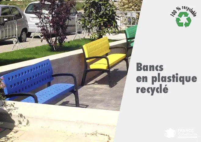 Banc extérieur en plastique recyclé pour collectivités, mobilier urbain écologique sans entretien, anti-UV, imputrescible et résistant pour espaces publics et scolaires