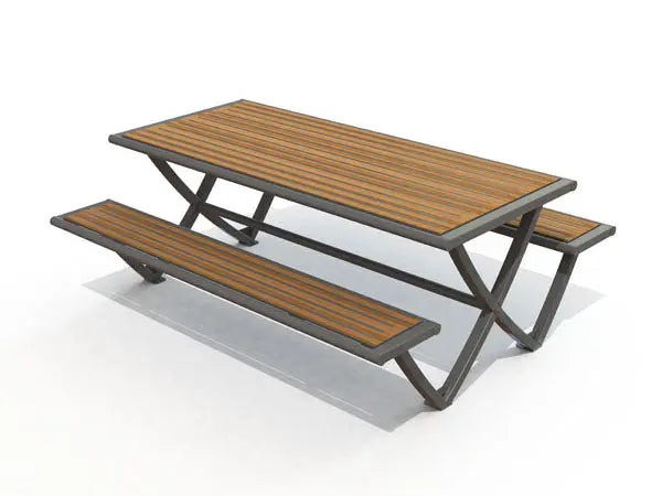 Table de pique-nique Horizon en compact HPL ajouré avec structure acier pour espaces extérieurs