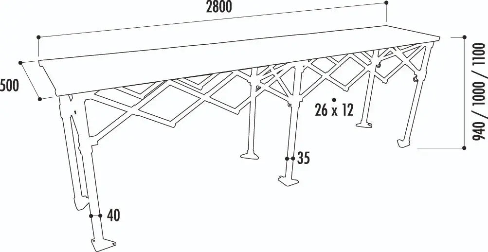 Comptoir de buvette en aluminium avec plateau mélaminé hêtre, réglable en hauteur, dimensions