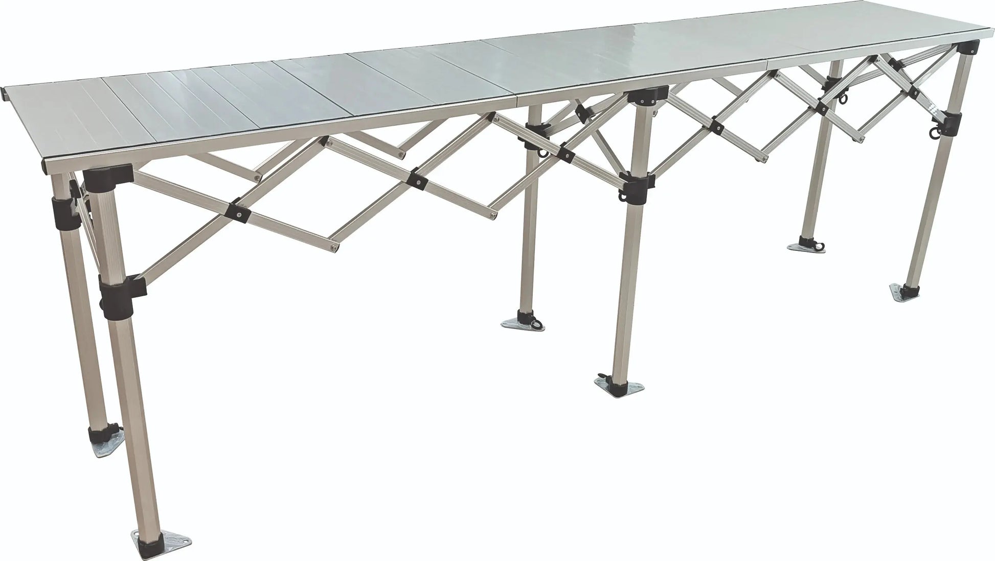 Comptoir de buvette en aluminium avec plateau mélaminé hêtre, réglable en hauteur, présenté seul en détail.