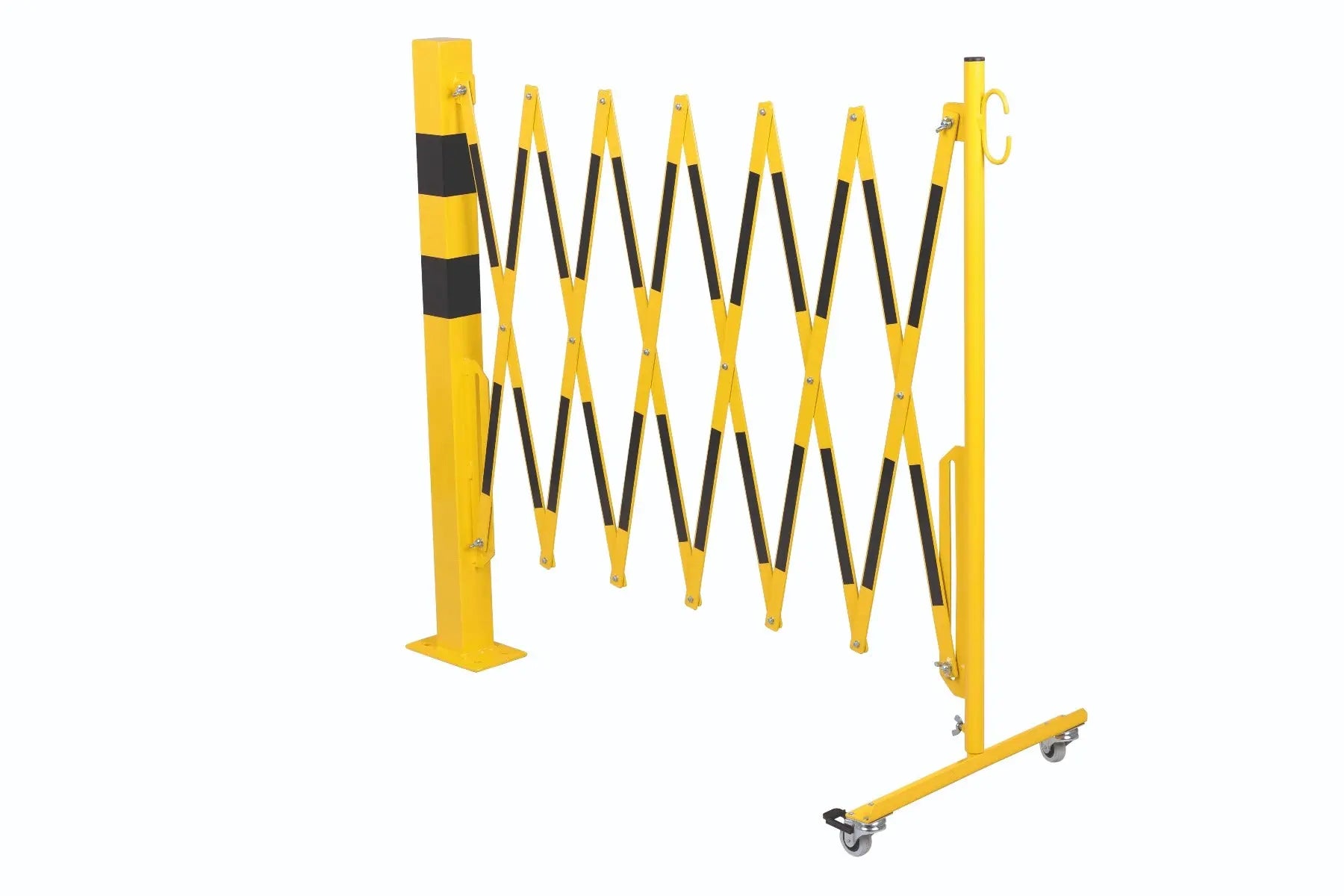 barrière extensible jaune-noir 3,6m avec poteau 70x70 et rouleaux - France Collectivités