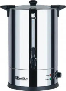 Distributeur d’eau chaude 10 L en inox à double paroi, thermostat réglable et robinet anti-gouttes pour usage professionnel en restauration.