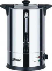 Distributeur d’eau chaude 6,8 L en inox à double paroi, thermostat réglable et robinet anti-gouttes pour usage professionnel en restauration.