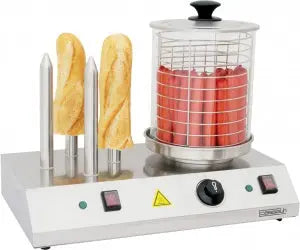 Machine à hot dog professionnelle en inox avec cylindre en verre et plots chauffants, température réglable pour usage en restauration et snacking.
