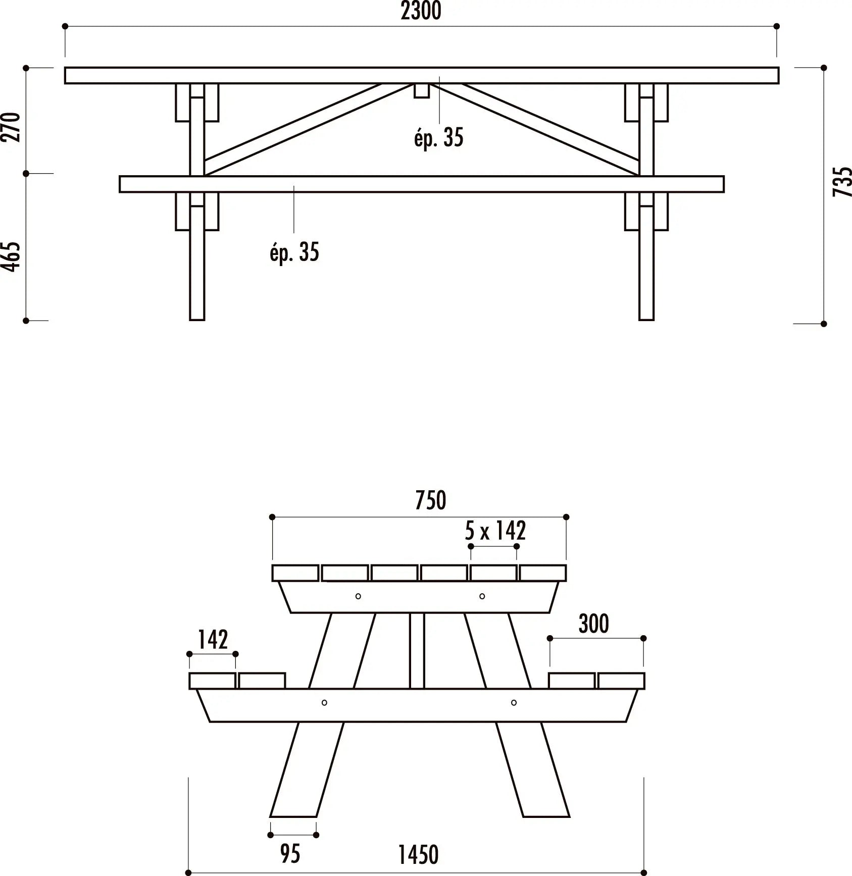 Table de pique-nique Munich II version PMR en bois avec plateau rallongé pour accès fauteuil roulant