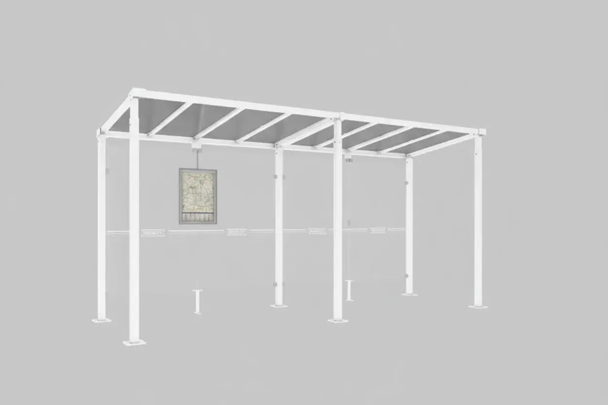 Abribus Milan 5 m avec vitrine horaire et cadre aluminium anodisé