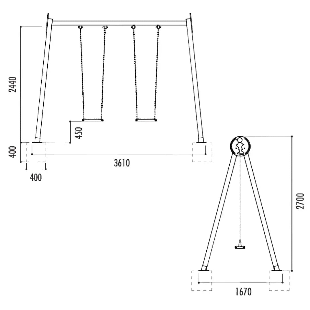 Portique robuste à sceller ou sur platines conforme EN 1176. Balançoire extérieure 2 sièges avec structure bois traité autoclave. Aire de jeux balançoire stable et sécurisée pour collectivités.