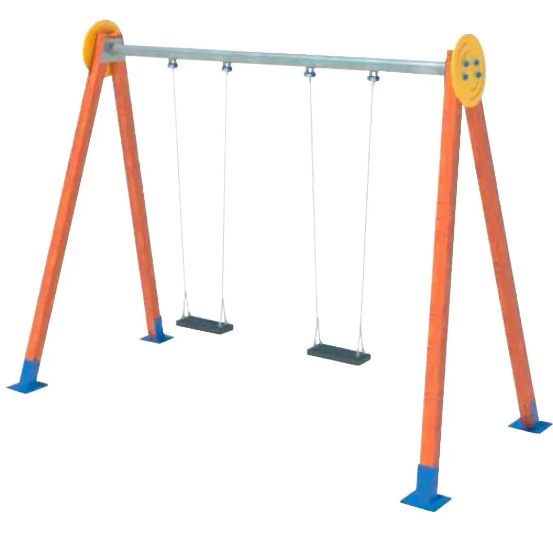 Balançoire enfants 3 à 12 ans avec sièges en caoutchouc sécurisés. Portique robuste à sceller ou sur platines conforme EN 1176. 
