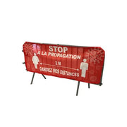 Banderole cache barrière de police imprimée message de sécurité, tissu polyester résistant UV avec œillets et renforts pour collectivités.