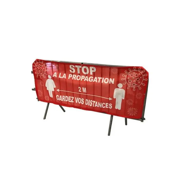 Banderole cache barrière de police imprimée message de sécurité, tissu polyester résistant UV avec œillets et renforts pour collectivités.