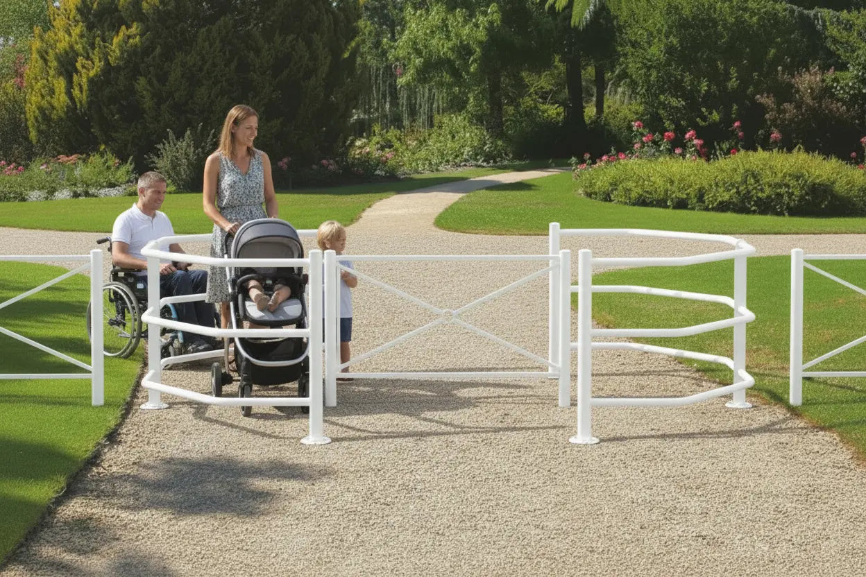 Barrière urbaine sélective fixe avec tubes acier Ø50 mm et fer plat 8 mm pour usage intensif