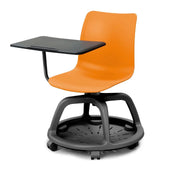 Chaise mobile College avec tablette pivotante 360°, coque polypropylène M2 non-feu sur roulettes, idéale pour salles de formation et collectivités.