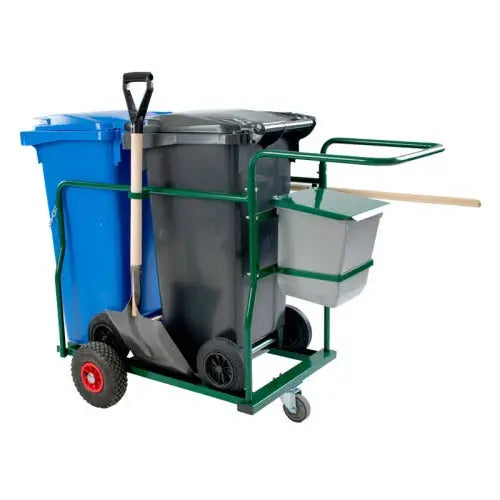 Chariot d’entretien vert pour collectivités et espaces extérieurs avec accessoires intégrés
