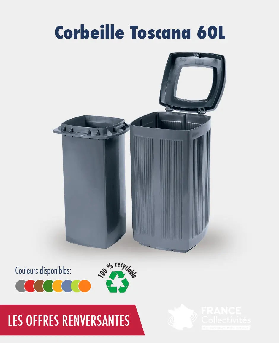 Promo corbeille Toscana 60 L en plastique recyclé - France Collectivités