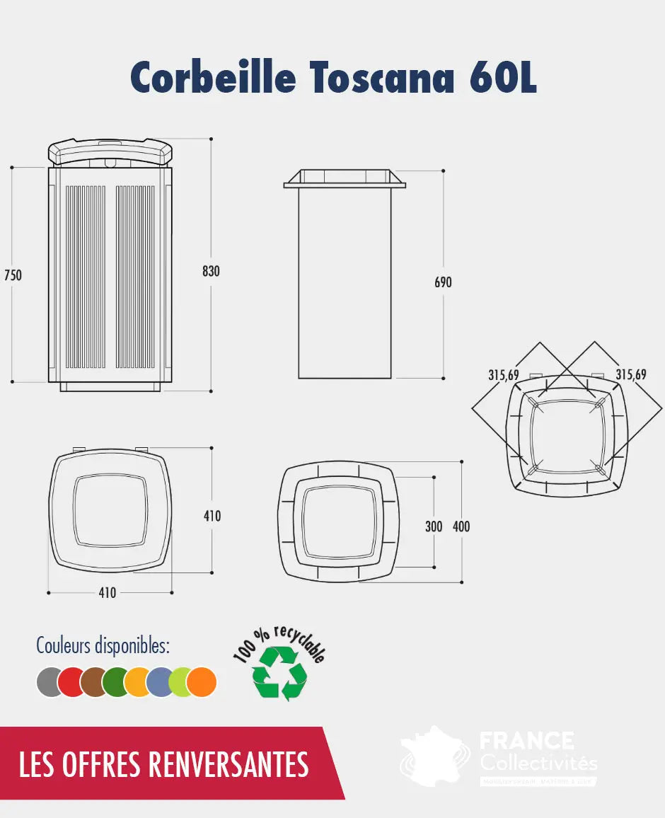 Promo corbeille Toscana 60 L en plastique recyclé - France Collectivités