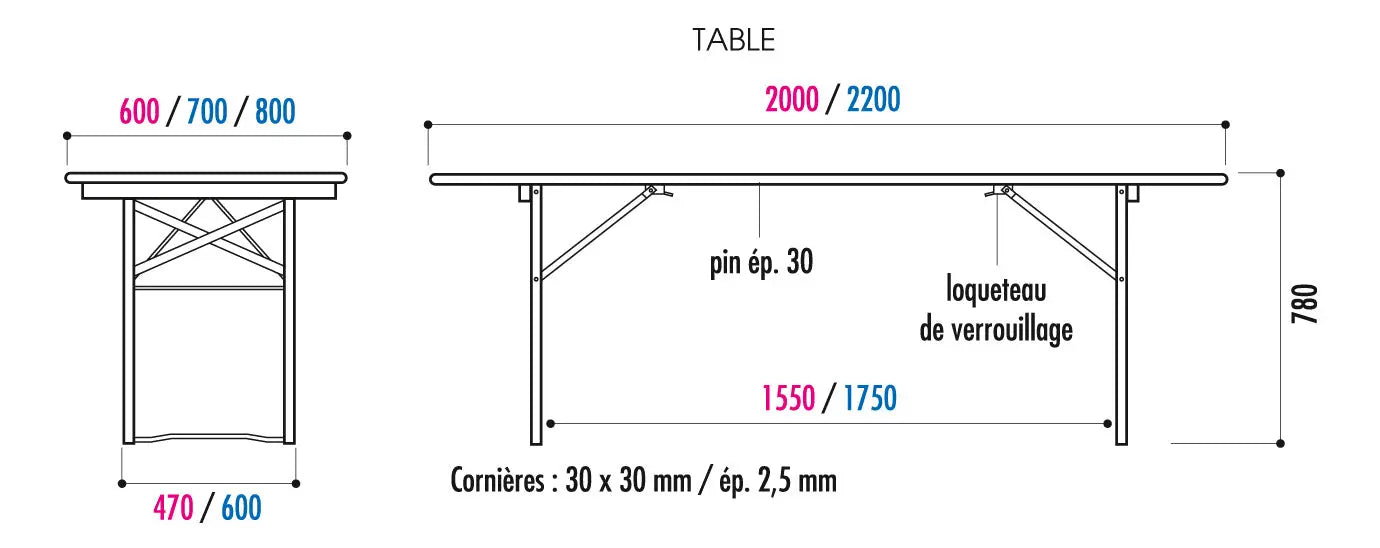Table pliante bois cornière 220 x 70 cm - France Collectivités
