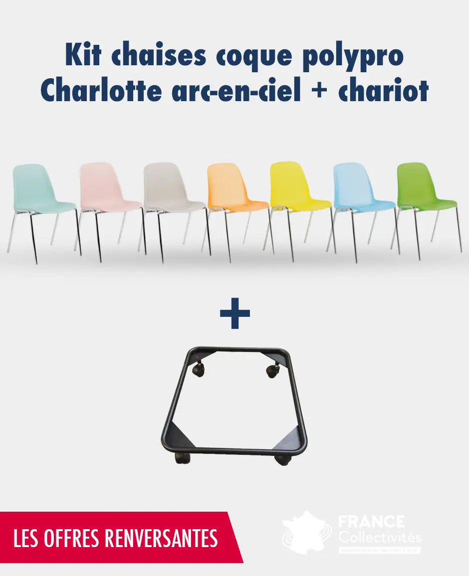 Kit chaises coque polypro Charlotte arc-en-ciel avec chariot de transport france collectivités