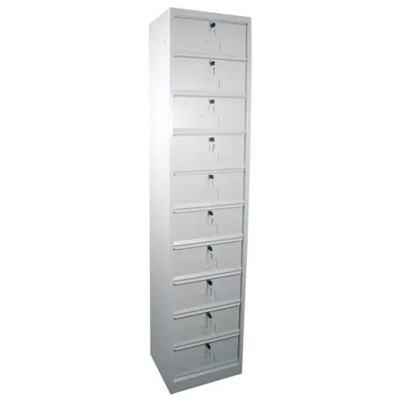 Meuble à clapets 10 cases en acier monobloc classé non-feu M0 pour rangement professionnel sécurisé avec portes à ouverture 180° et fermeture aimantée pour bureaux et collectivités