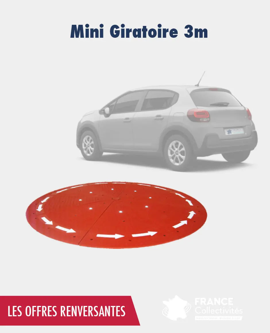 Mini giratoire Ø3 m en caoutchouc vulcanisé rouge, îlot franchissable conforme CERTU avec réflecteurs et fixations inclus pour voirie sécurisée.