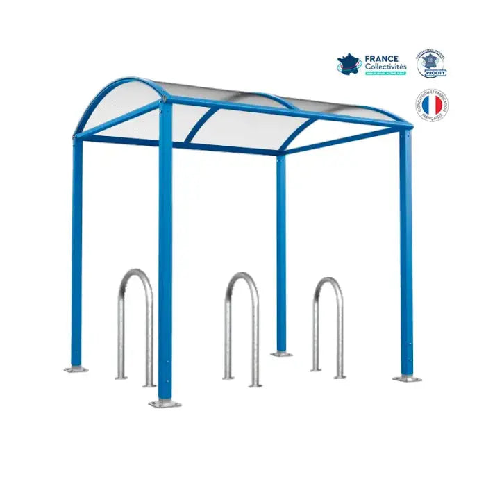 Abri vélos Voûte bleu pour 6 vélos, en pack avec 3 appuis trombone