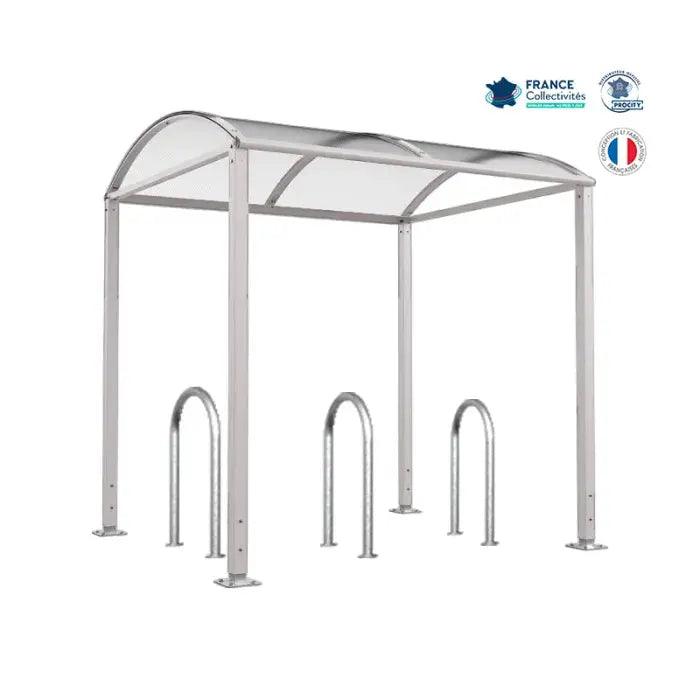Abri vélos Voûte gris clair pour 6 vélos, en pack avec 3 appuis trombone