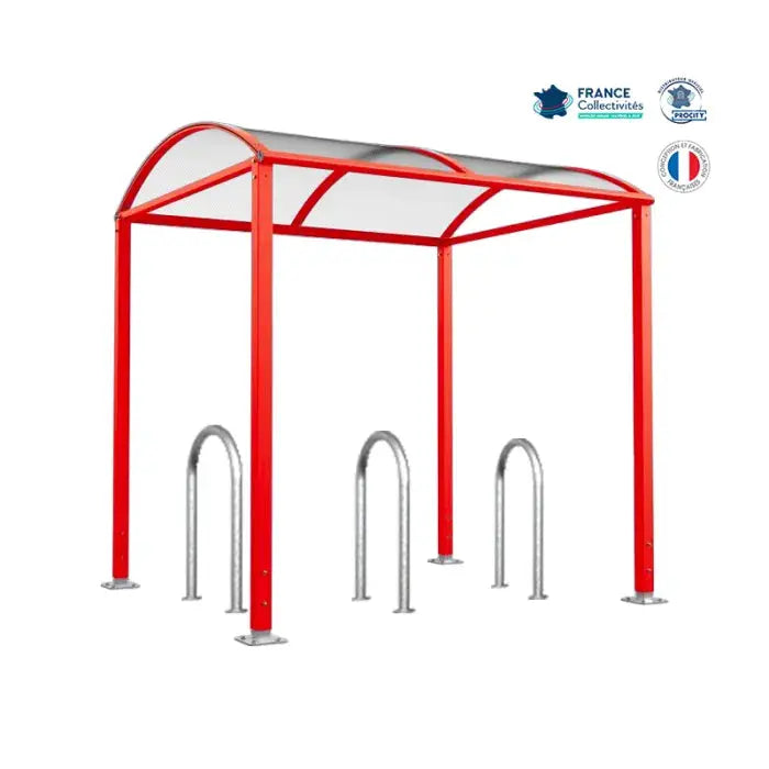 Abri vélos Voûte rouge pour 6 vélos, en pack avec 3 appuis trombone