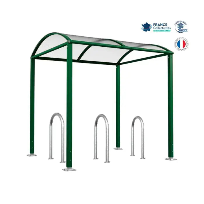 Abri vélos Voûte vert pour 6 vélos, en pack avec 3 appuis trombone