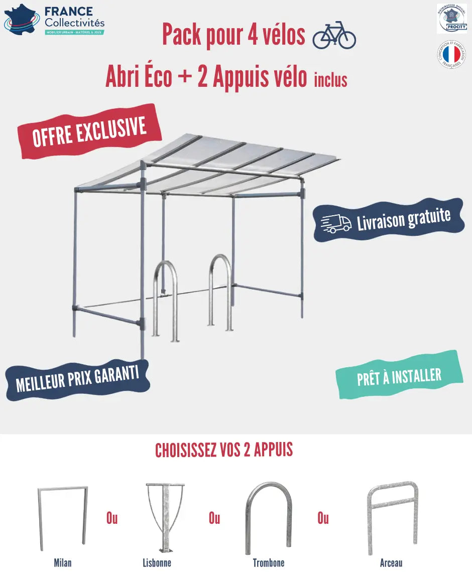 Abri vélos économique pour 4 vélos, en pack avec 2 appuis 