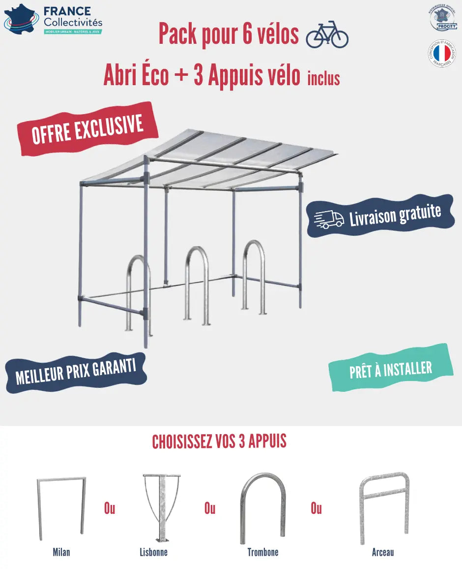 Abri vélos économique pour 6 vélos, en pack avec 3 appuis 