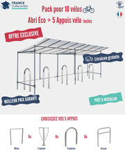 Abri vélos économique pour 10 vélos, en pack avec 5 appuis 