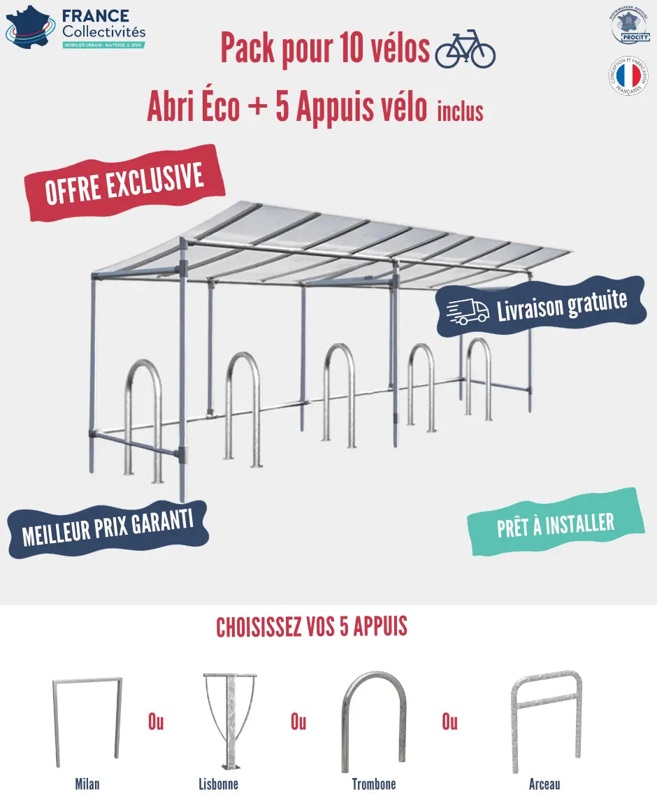 Abri vélos économique pour 10 vélos, en pack avec 5 appuis 