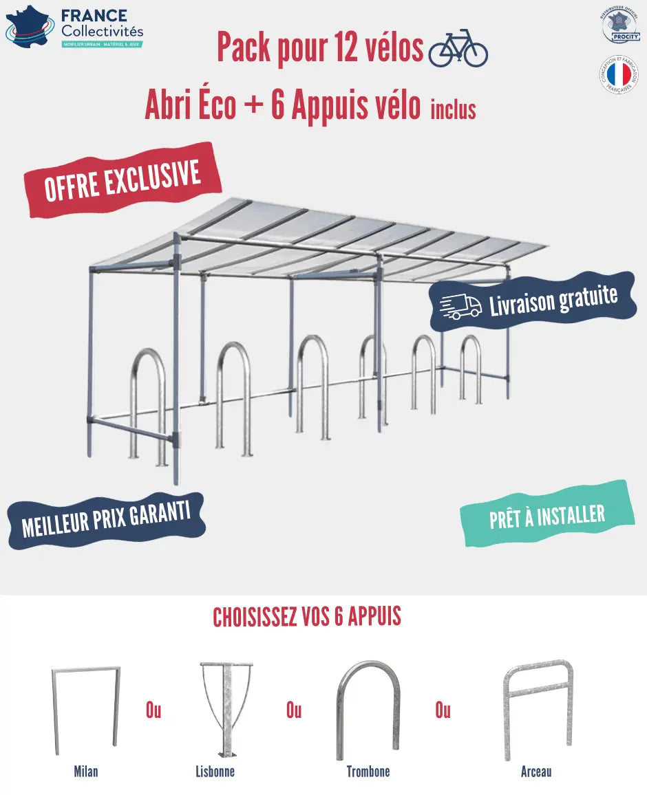 Abri vélos économique pour 12 vélos, en pack avec 6 appuis 