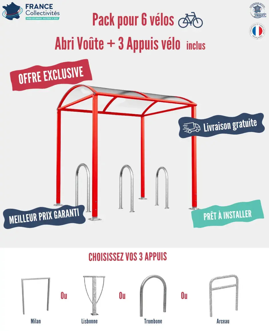 Abri vélos Voûte pour 6 vélos, en pack avec 3 appuis