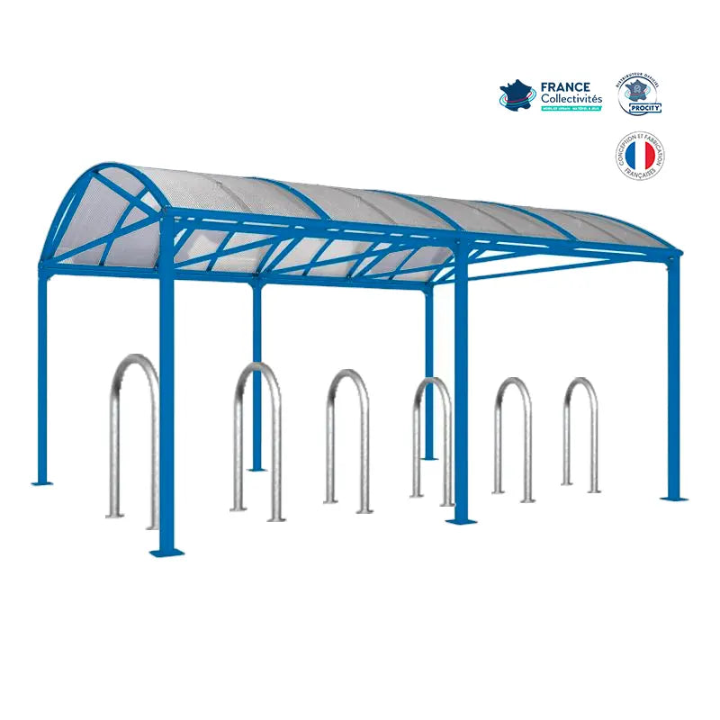 Abri vélos Voûte bleu pour 12 vélos, en pack avec 6 appuis trombone