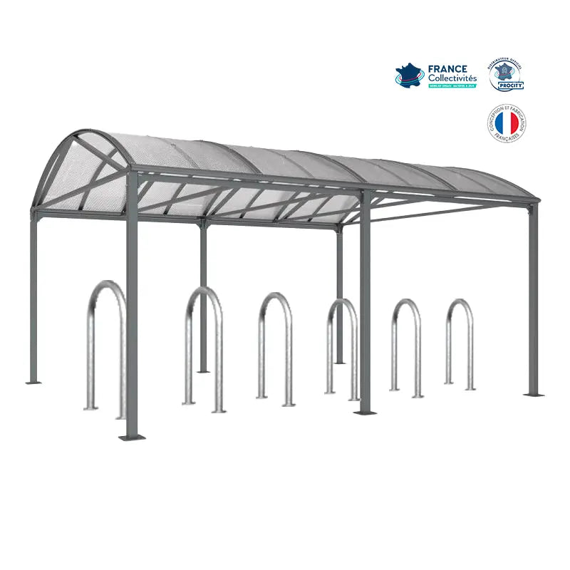 Abri vélos Voûte gris city pour 12 vélos, en pack avec 6 appuis trombone