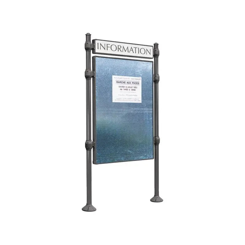 Panneau d'affichage vertical en extérieur à fixer avec bandeau titre, avec pommeau agora gris city