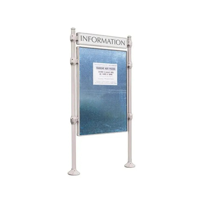 Panneau d'affichage vertical en extérieur à fixer avec bandeau titre, avec pommeau agora gris clair