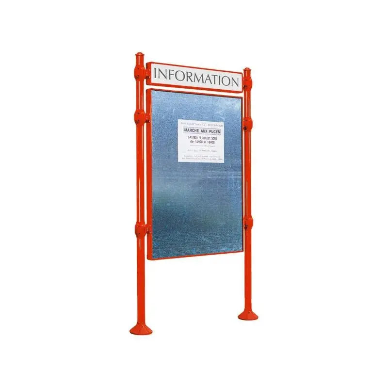 Panneau d'affichage vertical en extérieur à fixer avec bandeau titre, avec pommeau agora rouge