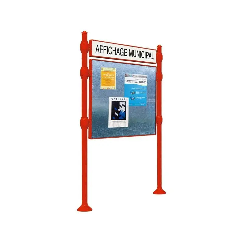 Panneau d'affichage horizontal en extérieur à fixer avec bandeau titre, avec pommeau agora rouge