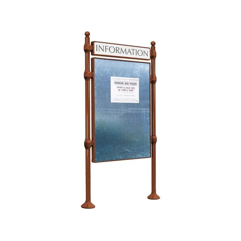 Panneau d'affichage vertical en extérieur à fixer avec bandeau titre, avec pommeau boule corten