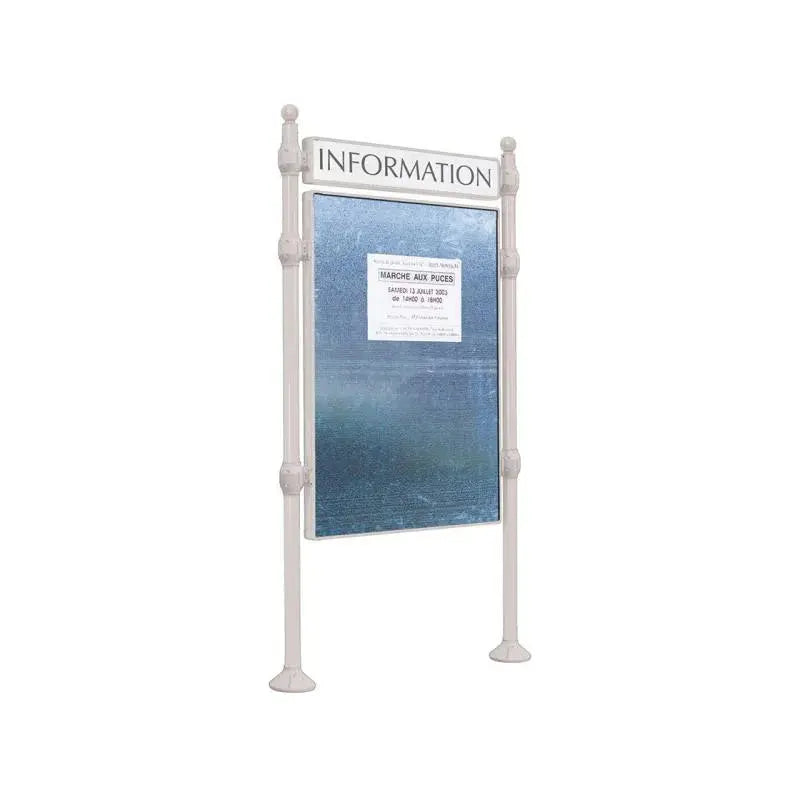 Panneau d'affichage vertical en extérieur à fixer avec bandeau titre, avec pommeau boule gris clair