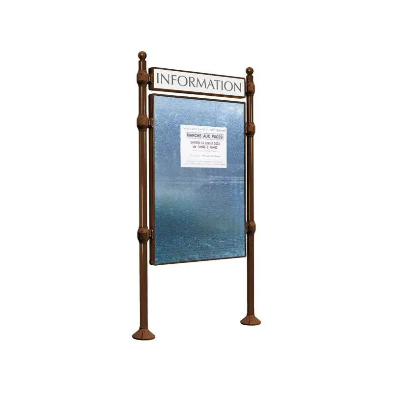 Panneau d'affichage vertical en extérieur à fixer avec bandeau titre, avec pommeau boule marron