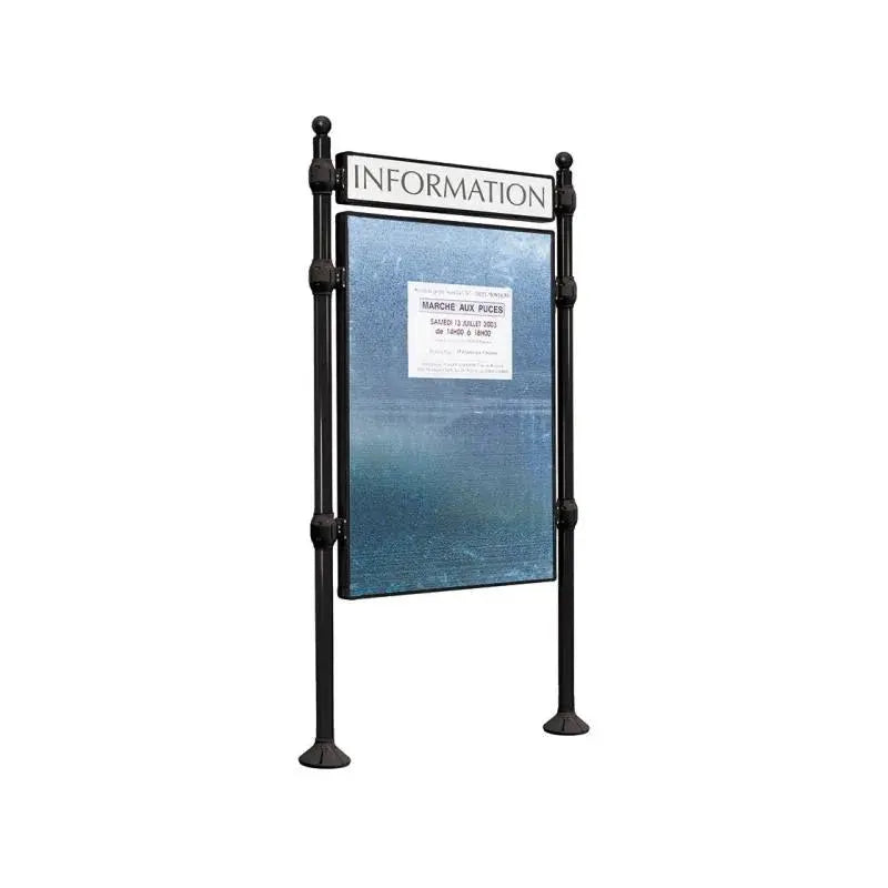 Panneau d'affichage vertical en extérieur à fixer avec bandeau titre, avec pommeau boule noir