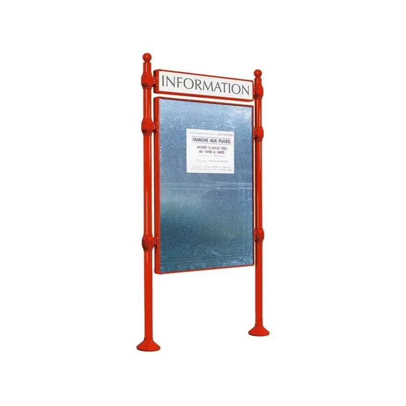 Panneau d'affichage vertical en extérieur à fixer avec bandeau titre, avec pommeau boule rouge