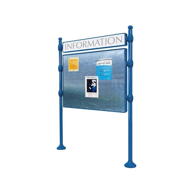 Panneau d'affichage horizontal en extérieur à fixer avec bandeau titre, avec pommeau boule bleu