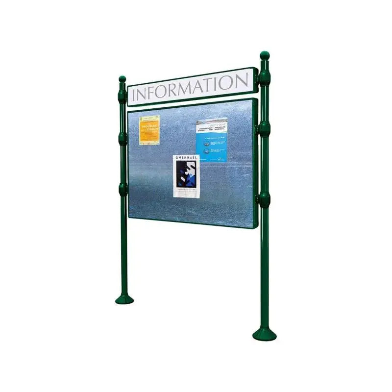 Panneau d'affichage horizontal en extérieur à fixer avec bandeau titre, avec pommeau boule vert
