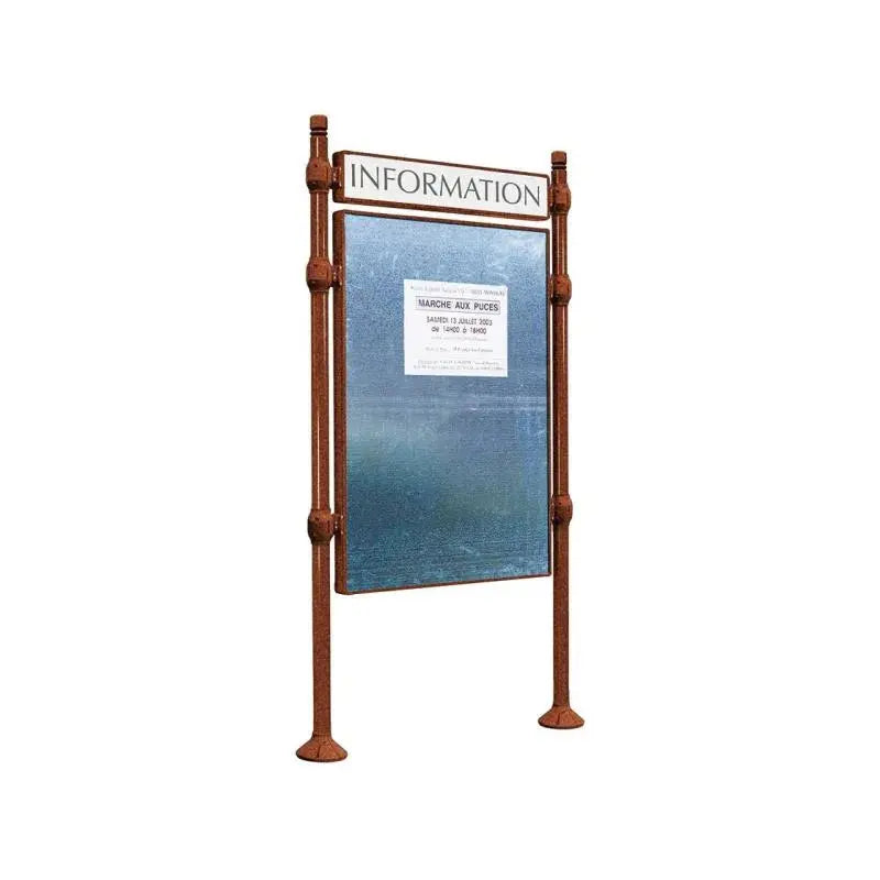 Panneau d'affichage vertical en extérieur à fixer avec bandeau titre, avec pommeau city corten